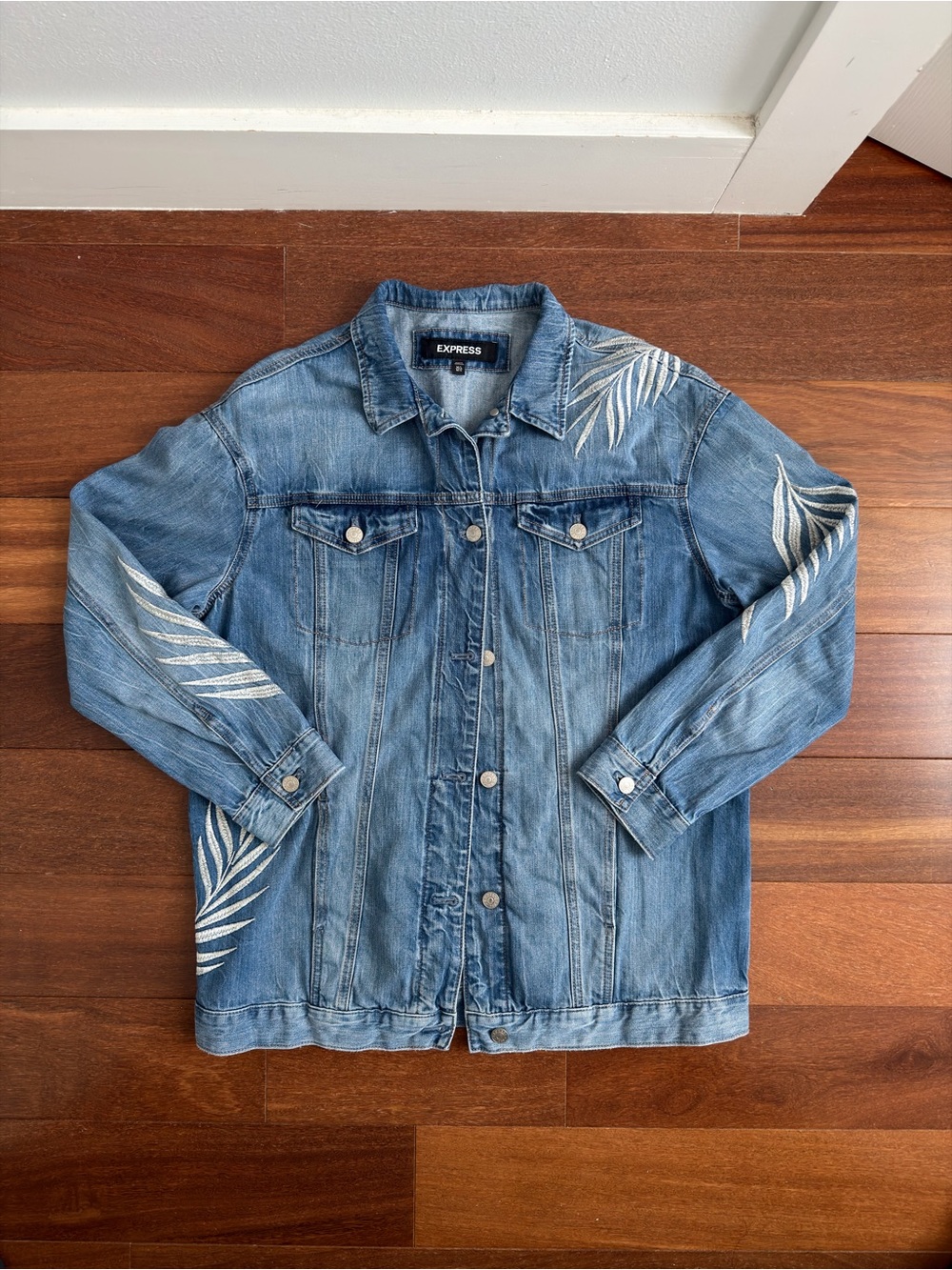 Express Light Blue Denim Jacket with White Leaf Accents